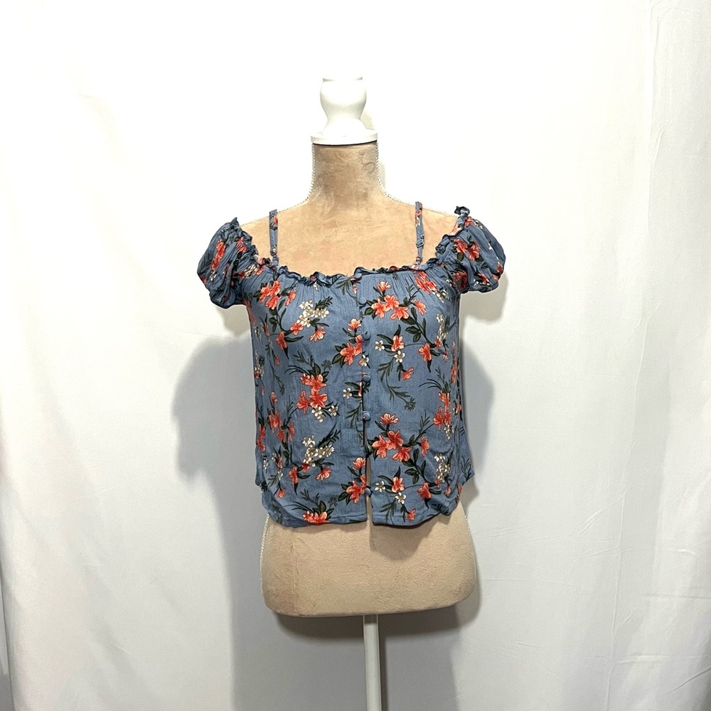 American Eagle Y2K Babydoll Blue Floral Off Shoulder Crop Top Size M